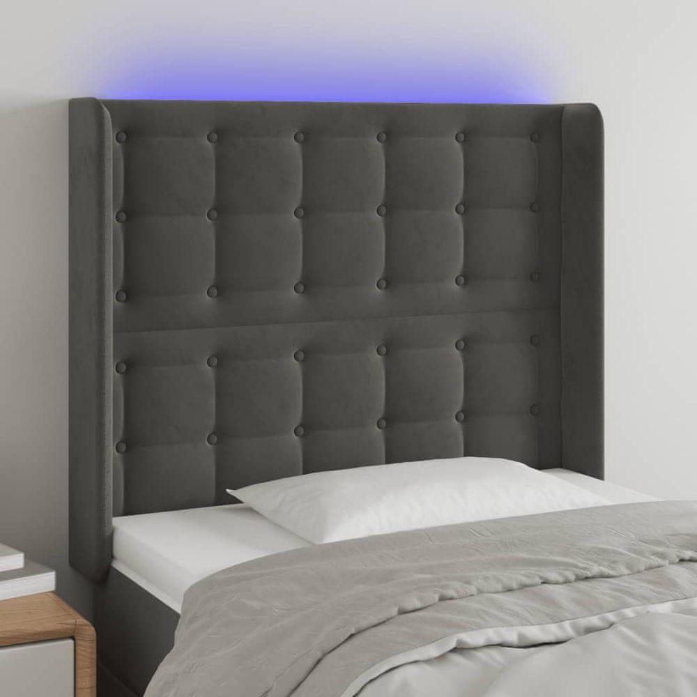 Vidaxl Čelo postele s LED tmavosivé 103x16x118/128 cm zamat